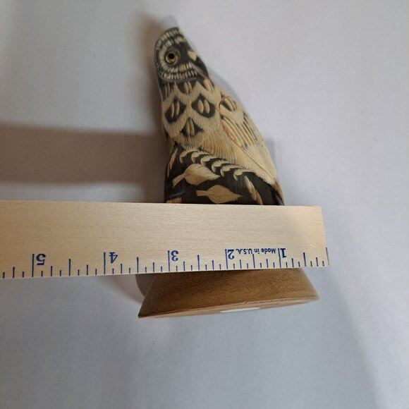 Hand Carved Wood Owl Figurine Intricate Carved Glossy Finish Folk Art Decor - Picture 9 of 10